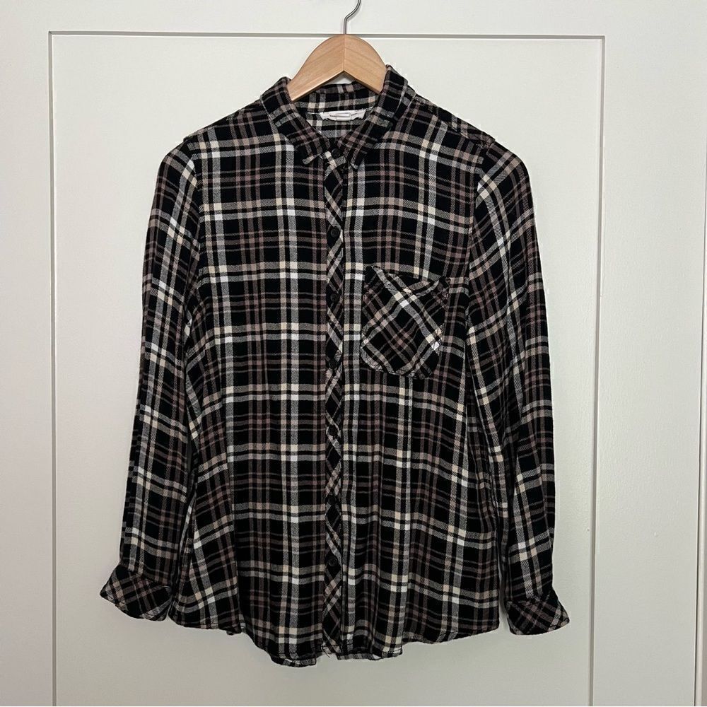 Beach Lunch Lounge Shirt Womens Medium Black White Plaid Long Sleeve Rayon